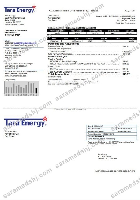 USA Texas Tara Energy utility bill template in Word and PDF format